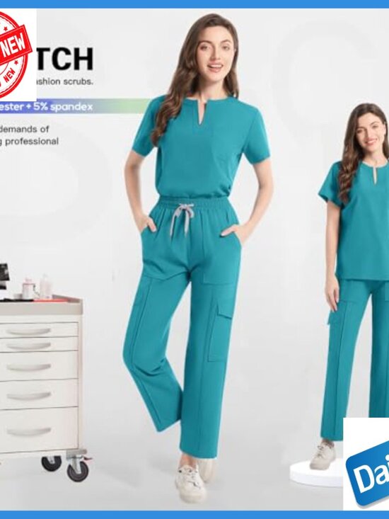Large V-Neck Scrub Set Top & Pants Multi-Pocket Medical Uniform - Picture 5 of 7